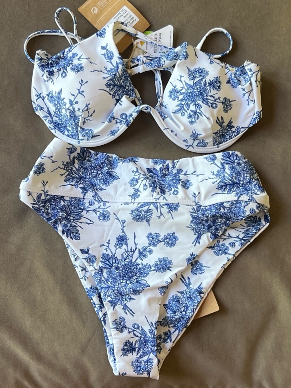 White & Blue Floral High-Waist Bikini Set - Picture 1 of 5